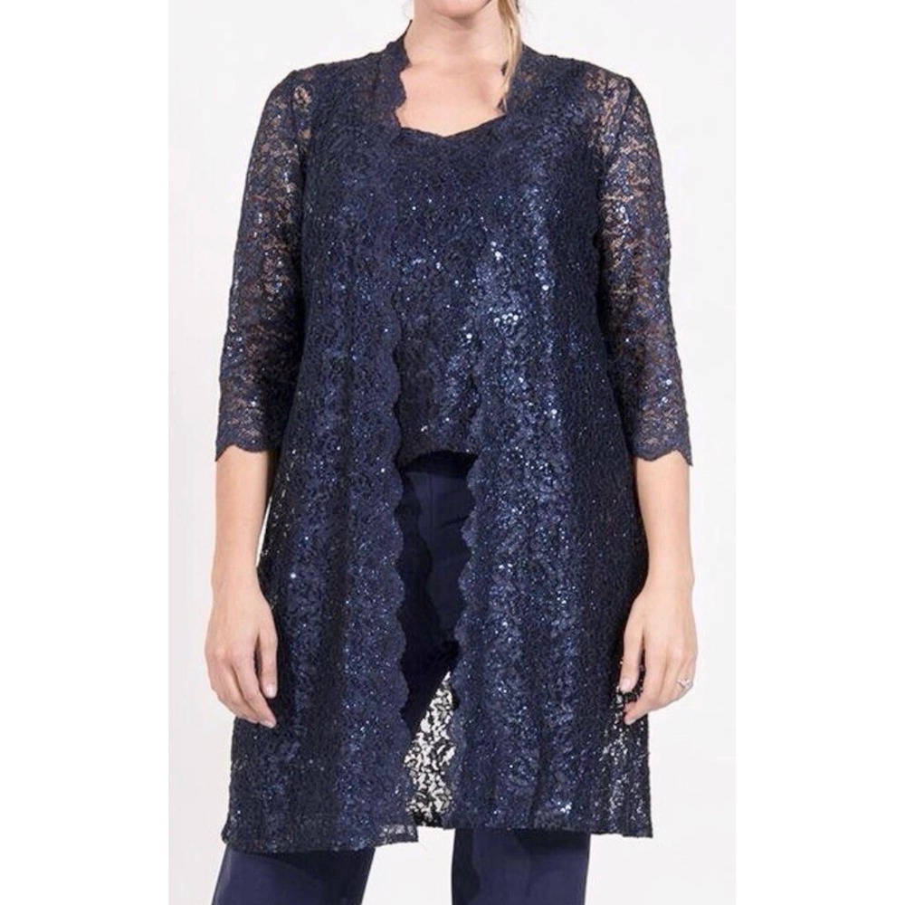 R&M Richards Navy Blue Sequin Floral Lace Open Front Duster Cardigan Petite‎ 12P